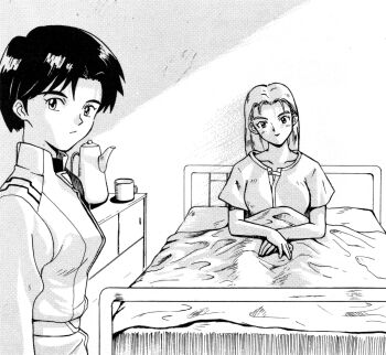 2girls bed bed_sheet coffee_mug coffee_pot collarbone cup desk greyscale hospital_bed hospital_gown ibuki_maya indoors long_hair looking_at_viewer marie_vincennes monochrome mug multiple_girls neon_genesis_evangelion non-web_source official_art pov short_hair sitting standing the_nerv_white_paper uniform wispy_bangs