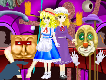 Rule 34 | 2girls, apron, blonde hair, blue dress, blush stickers, commentary request, dress, elbow gloves, gloves, hat, kams, kana anaberal, maribel hearn, mob cap, multiple girls, purple dress, socks, standing, surreal, touhou, white apron, white gloves, white socks, yellow eyes, zun (style)