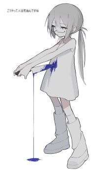 1girl absurdres bleeding blood blood_on_clothes bloody_weapon blue_blood boots censored commentary dress glasses highres holding holding_weapon injury inoue_warabi knee_boots kneehighs knife mosaic_censoring original self-harm short_twintails simple_background socks solo stab sundress twintails weapon white_background white_dress white_eyes white_hair white_socks