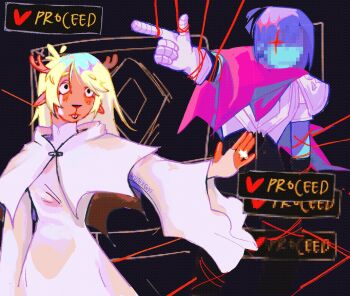 1girl 1other animal_ears antlers armor blonde_hair blue_hair blue_skin bridal_gauntlets cape capelet colored_skin commentary deer_antlers deer_ears deer_girl deltarune english_commentary english_text furry furry_female highres horns huaixgyi kris_(dark_world)_(deltarune) kris_(deltarune) long_hair noelle_holiday noelle_holiday_(dark_world) pink_cape pointing robe side_cape string utdr_(toby_fox) weird_route_(deltarune) white_capelet white_robe