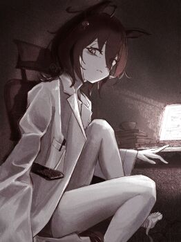 1girl agnes_tachyon_(umamusume) ahoge animal_ears bags_under_eyes bandaged_foot bandages barefoot book book_stack chair chemical_structure closed_mouth coat computer earrings frown glowing greyscale hair_between_eyes hand_on_table highres horse_ears horse_girl injury jewelry knee_up lab_coat laptop looking_at_viewer medium_hair monochrome open_clothes open_coat pen shorts single_earring solo swivel_chair umamusume wolf_cut yogoto_(yo_go_t)