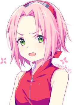1girl angry anime_coloring arms_at_sides artist_name bare_shoulders breasts commentary curtained_hair english_commentary forehead green_eyes hairband haruno_sakura jacket naruto_(series) open_mouth pink_hair red_hairband red_jacket sasucchi95 short_hair simple_background sleeveless sleeveless_jacket small_breasts solo tareme tongue upper_body v-shaped_eyebrows white_background zipper