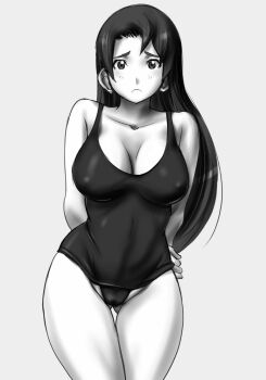 1girl :c breasts cleavage embarrassed highres hinokawa_jun large_breasts long_hair lori_jiimenez monochrome nipples one-piece_swimsuit swimsuit transformers transformers_cybertron transformers_unicron_trilogy