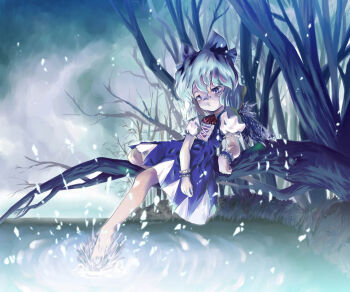1girl barefoot blue_bow blue_dress blue_eyes blue_hair bow branch cirno closed_mouth dress hair_bow night outdoors photoshop_(medium) puffy_short_sleeves puffy_sleeves revision short_hair short_sleeves sitting sky soaking_feet solo touhou water wrist_cuffs yanagie