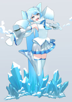 1girl absurdly_long_hair absurdres aqua_eyes armpits arms_up blue_necktie blue_trim boots breasts color_guide commentary detached_sleeves full_body grey_skirt grey_sleeves hair_between_eyes hair_ornament hatsune_miku headset highres jumping kinosuke_(pattaba) long_hair long_sleeves medium_breasts miniskirt necktie official_alternate_costume open_mouth outstretched_arms pleated_skirt reflection reflective_floor scarf shirt skirt sleeveless sleeveless_shirt snowflake_print solo thigh_boots thighhighs tiptoes twintails very_long_hair vocaloid white_hair white_scarf white_shirt white_skirt wide_sleeves yuki_miku yuki_miku_(2011) zettai_ryouiki
