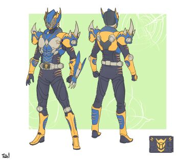 1boy advent_deck armor back blue_armor boots chinese_zodiac clenched_hand clenched_hands crossover gauntlets green_background highres kamen_rider kamen_rider_rage_(to_ze) kamen_rider_ryuki_(series) mashup mecha_pilot_suit monster_hunter_(series) open_hand outside_border plugsuit_(evangelion) reference_sheet shoulder_spikes signature spikes tiger_stripes tigrex tigrex_(armor) to_ze v_buckle yellow_armor yellow_boots