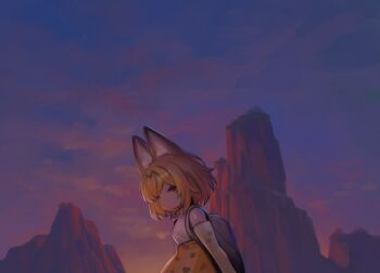 1girl absurdres animal_ear_fluff animal_ears backpack bag blonde_hair blue_sky brown_eyes brown_skirt cliff closed_mouth cloud commentary dokomon elbow_gloves gloves high-waist_skirt highres kemono_friends korean_commentary mountain outdoors serval_(kemono_friends) shirt skirt sky sleeveless sleeveless_shirt smile solo sunset white_gloves white_shirt