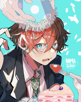 1boy bags_under_eyes black_shirt blue_eyes blue_streaks cake character_name confetti dated earrings feeding food fork formal_clothes fruit green_necktie grid_print hair_between_eyes happy_birthday hat highres holding holding_fork hypnosis_mic jewelry kannonzaka_doppo looking_at_viewer male_focus necktie nosuo0253 party_hat red_hair shirt solo strawberry striped_blush striped_clothes striped_shirt suit twitter_username upper_body white_shirt