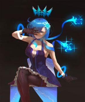 1girl bare_shoulders black_gloves black_leggings blue_dress blue_eyes blue_gemstone blue_hair blue_scarf breasts c.i.e.l_(fate) star_ciel_(fate) ciel_(tsukihime) cleavage crown dress fate/grand_order fate_(series) fire floating_crown floating_scarf flower frilled_dress frills gem gloves gradient_clothes gradient_dress hair_flower hair_ornament halterneck hand_on_own_face highres leggings looking_at_viewer mauri_sisca medium_breasts scarf shaded_face short_hair sitting sleeveless sleeveless_dress smile solo sparkle