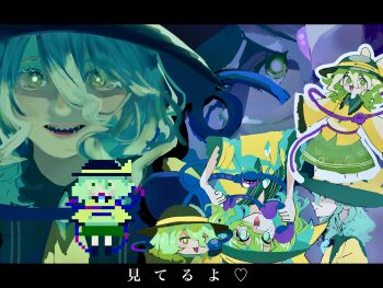 1girl 8-bit black_hat black_socks bow buttons commentary diamond_button eyeball floral_print frilled_shirt_collar frilled_sleeves frills green_eyes green_hair green_skirt hat hat_bow hat_ribbon heart highres kata_tsumurou komeiji_koishi pixel_art ribbon rose_print shirt skirt smile socks symbol-only_commentary third_eye touhou yellow_ribbon yellow_shirt yukkuri_shiteitte_ne