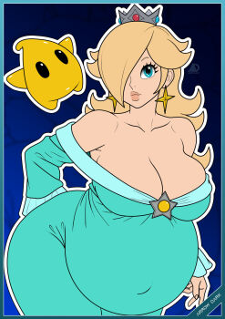 Rule 34 | 1girl, arrowdark, artist logo, artist name, belly, big belly, border, breasts, brooch, closed mouth, collarbone, commentary, crown, dress, ear piercing, earrings, english commentary, eyelashes, hair over one eye, highres, jewelry, logo, looking at viewer, luma (mario), mario (series), navel, nintendo, nose, outie navel, piercing, pregnant, rosalina, silver crown, star (symbol), star brooch, star earrings