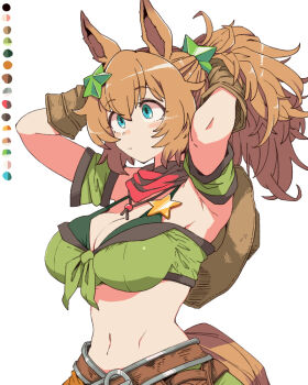 1girl animal_ears armband armpits bandana bandeau bare_shoulders belt blue_eyes blush_stickers breasts brown_belt brown_gloves brown_hair cleavage closed_mouth cowboy_hat gloves green_armband green_bandeau green_skirt hair_ornament hands_in_own_hair hat hat_on_back horse_ears horse_girl horse_tail large_breasts long_hair midriff navel ponytail red_bandana red_scarf scarf sheriff_badge simple_background skirt solo star_(symbol) star_hair_ornament taiki_shuttle_(umamusume) taiki_shuttle_(wild_frontier)_(umamusume) tail toriga_naku umamusume white_background