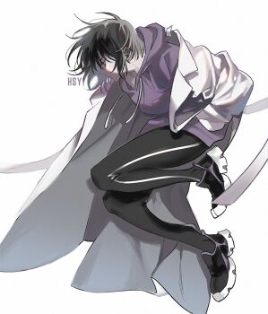 1girl black_hair bob_cut character_name coat full_body half-closed_eye han_sooyoung hands_in_pockets hinizana hood hood_down hoodie jumping knees_together_feet_apart legs_up omniscient_reader&#039;s_viewpoint open_clothes open_coat purple_hoodie shoes short_hair sneakers solo white_coat wind