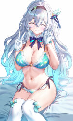 Rule 34 | 1girl, ^ ^, alternate costume, aqua bikini, aqua bow, aqua hair, bare arms, bikini, black hairband, blue bow, blue bowtie, blush, bow, bowtie, breasts, cleavage, closed eyes, commentary request, detached collar, double v, earrings, facing viewer, feet out of frame, firefly (honkai: star rail), frilled bikini, frills, gradient hair, grey hair, hair between eyes, hairband, hands up, heart, heart earrings, highres, honkai: star rail, honkai (series), jewelry, large breasts, long hair, maid headdress, multicolored hair, navel, simple background, single earring, sitting, smile, solo, stomach, swimsuit, thighhighs, thighs, v, very long hair, white background, white thighhighs, zea (zeamilky)