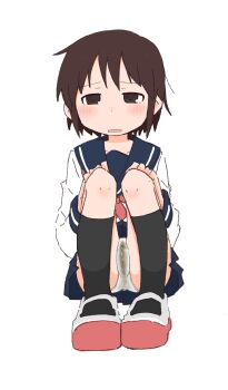 1girl black_socks blue_sailor_collar blue_skirt blush brown_eyes brown_hair cameltoe female_focus full_body half-closed_eyes hands_on_own_knees kneehighs kude_rei_(ponnu_(tnpn2yw)) long_sleeves looking_afar matching_hair/eyes miniskirt neckerchief nose_blush open_mouth original panties pee peeing peeing_self pleated_skirt ponnu_(tnpn2yw) red_neckerchief red_shoes sailor_collar shirt shoes short_hair sidelocks simple_background skirt socks solo squatting underwear upskirt wet wet_clothes wet_panties white_background white_panties white_shirt