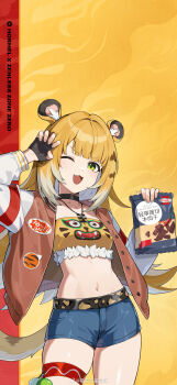 1girl ;d absurdres animal_ears black_choker blonde_hair casual choker claw_pose colored_inner_hair fang green_eyes highres jacket jewelry ju_fufu long_hair midriff multicolored_hair navel necklace official_alternate_costume official_art one_eye_closed open_clothes open_jacket open_mouth shorts smile solo stomach strapless striped_hair tail thigh_strap tiger_ears tiger_girl tiger_stripes tiger_tail tube_top watermark weibo_watermark white_hair zenless_zone_zero