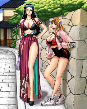 2girls bag bare_legs blush breasts cleavage curvy earrings female_focus full_body hand_in_pocket hand_on_own_hip handbag height_difference iury_padilha jewelry large_breasts long_hair looking_at_viewer multiple_girls nami_(one_piece) nico_robin one_eye_closed one_piece orange_hair ponytail sarong sunglasses tall_female wink
