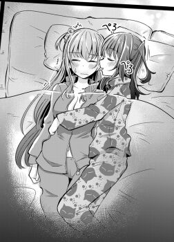 2girls animal_print blush bocchi_the_rock! breasts cat_print cleavage closed_mouth commentary_request cuddling ear_licking from_above gotoh_hitori greyscale hug ichimi kita_ikuyo large_breasts licking long_hair monochrome multiple_girls one_side_up pajamas pants pillow print_pants print_shirt shirt sweat under_covers yuri