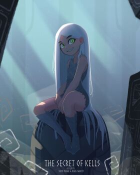 1girl aisling_(kells) between_legs copyright_name green_eyes grey_socks hand_between_legs highres lamb_goes_baaaaa long_hair mixed-language_commentary on_rock sitting sleeveless smile socks the_secret_of_kells very_long_hair white_hair