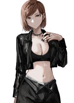 black_jacket black_nails breasts brown_eyes brown_hair ear_piercing highres jacket jujutsu_kaisen kugisaki_nobara looking_at_viewer medium_breasts navel panties piercing raberu_ruru short_hair simple_background sports_bra sports_panties stomach underwear white_background