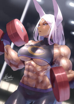 1girl abs animal_ears bare_shoulders biceps black_pants black_shirt blurry blurry_background boku_no_hero_academia breasts covered_collarbone crescent_print crop_top dark-skinned_female dark_skin dated dumbbell exercising gloves highres holding holding_dumbbell large_breasts long_eyelashes long_hair looking_ahead mirko muscular muscular_female navel pants parted_bangs parted_lips purple_gloves rabbit_ears rabbit_girl red_eyes shirt signature sleeveless sleeveless_shirt solo steaming_body stomach strail_cycleman sweat turtleneck turtleneck_shirt underboob very_long_hair very_sweaty weightlifting white_hair