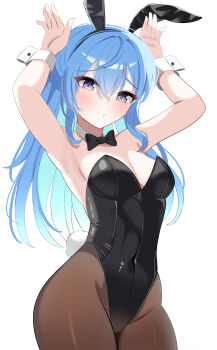 1girl absurdres animal_ear_hairband animal_ears arms_up black_leotard blue_eyes blue_hair breasts brown_pantyhose cowboy_shot fake_animal_ears hairband highres hololive hoshimachi_suisei kurenaiaoi0 leotard looking_at_viewer medium_breasts pantyhose playboy_bunny rabbit_ear_hairband rabbit_ears rabbit_pose rabbit_tail simple_background solo star_(symbol) star_in_eye strapless strapless_leotard symbol_in_eye tail virtual_youtuber white_background wrist_cuffs