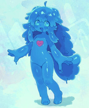 1boy :3 ahoge blue_background blue_hair blue_tail blue_theme blush commentary completely_nude dot_nose drooling english_commentary hair_between_eyes heart highres long_hair looking_at_viewer monster_boy mouth_drool nude open_hands open_mouth original shadow short_eyebrows sillydogjoe slime_boy solo standing tareme thick_arms thick_eyebrows trap