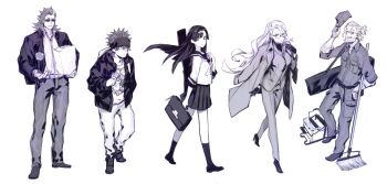 2girls 3boys 7th_dragon_(series) 7th_dragon_2020 alternate_costume alternate_hairstyle apple bag baseball_cap beard commentary destroyer_(7th_dragon_2020) facial_hair food formal_clothes fruit gloves greyscale hacker_(7th_dragon) hat headband highres holding holding_bag holding_mop holding_phone jacket janitor katanako mature_female mature_male miwa_shirow monochrome mop multiple_boys multiple_girls neckerchief open_clothes open_jacket pants phone pleated_skirt psychic_(7th_dragon) samurai_(7th_dragon) school_uniform serafuku shirt skirt socks striped_clothes striped_shirt suit trickster_(7th_dragon) vertical-striped_clothes vertical-striped_shirt white_background