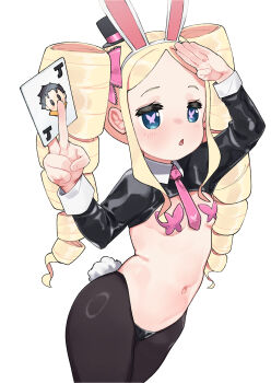 1girl alternate_costume animal_ears araimelon beatrice_(re:zero) black_hiphighs black_shrug butterfly-shaped_pupils card collared_shrug cowboy_shot fake_animal_ears flat_chest frontless_outfit highres hiphighs holding holding_card loli looking_at_viewer maebari open_mouth pasties pink_pupils playing_card rabbit_ears re:zero_kara_hajimeru_isekai_seikatsu reverse_bunnysuit reverse_outfit shrug_(clothing) solo symbol-shaped_pupils tail white_background