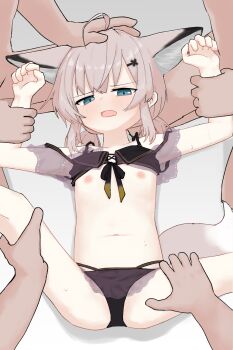 1girl 3boys animal_ears arknights bikini black_bikini blue_eyes commentary commission dated_commentary flat_chest fox_ears fox_girl fox_tail hair_ornament highres kamihine loli multiple_boys navel nipples official_alternate_costume paid_reward_available skeb_commission spread_legs sussurro_(arknights) sussurro_(summer_flower)_(arknights) swimsuit tail