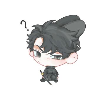 1boy :/ ? animal_ears black_coat black_eyes chibi chibi_only coat full_body half-closed_eye highres kemonomimi_mode looking_back omniscient_reader&#039;s_viewpoint open_clothes open_coat owlaoao rabbit_ears rabbit_tail scabbard sheath solo tail yoo_joonghyuk