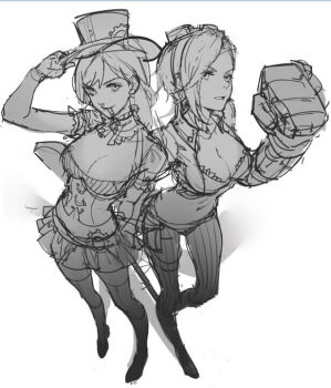 Rule 34 | 2girls, ask (askzy), breasts, cigarette, hat, league of legends, multiple girls, open mouth, skirt, standing