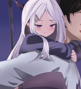 1boy 1girl blue_archive blush demon_girl demon_horns highres hina_(blue_archive) horns indoors long_hair purple_eyes sensei_(blue_archive) siegs_wurm very_long_hair white_hair