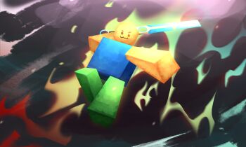 1other :3 absurdres arcane:_league_of_legends arm_behind_head commentary cosplay dutch_angle ekko_(league_of_legends) ekko_(league_of_legends)_(cosplay) embers english_commentary fighting_stance fire full_body highres himochuu holding holding_sword holding_weapon jumping knee_up league_of_legends noob_(roblox) outstretched_arm roblox smirk solo sword weapon