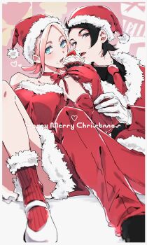 1boy 1girl black_hair black_shirt blue_eyes border christmas collared_shirt commentary_request convenient_censoring convenient_leg cupcake dress elbow_gloves food fur-trimmed_dress fur-trimmed_jacket fur_trim gloves grey_eyes hat highres holding holding_food jacket looking_at_viewer merry_christmas necktie nintendo pants paxton_(pokemon) pink_hair pokemon pokemon_legends:_z-a red_gloves red_hat red_necktie red_pants red_socks santa_costume santa_dress santa_hat shirt sitting socks suwa_(hdgjg40fwe92334) taunie_(pokemon) white_border white_gloves