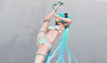 1girl 3d aqua_eyes aqua_hair arm_up armpits bandeau bra breasts cameltoe eyelashes feet female_focus fingernails flexible gradient_background groin_tendon hatsune_miku high_heels highres leg_lift leg_up leslyzerosix lips long_hair looking_at_viewer nail_polish panties partially_visible_vulva see-through_clothes smile solo split standing standing_on_one_leg standing_split striped_bra striped_clothes striped_panties thighhighs thighs twintails underboob underwear v very_long_hair vocaloid