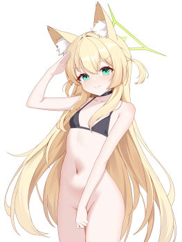 >:) 1girl absurdres animal_ear_fluff animal_ears beiyong_fadian_ji bikini bikini_top_only black_bikini black_choker blonde_hair blue_archive bottomless breasts choker covering_privates fox_ears fox_girl green_eyes halo highres kurumi_(blue_archive) long_hair looking_at_viewer navel nude salute simple_background small_breasts solo stomach swimsuit v-shaped_eyebrows white_background