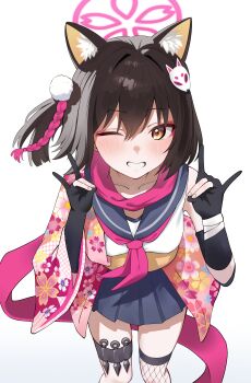 Rule 34 | 1girl, absurdres, animal ear fluff, animal ears, black gloves, black hair, blue archive, blue sailor collar, blue skirt, blush, brown hair, commentary request, double fox shadow puppet, fishnet thighhighs, fishnets, floral print, fox ears, fox girl, fox shadow puppet, gloves, grin, hair between eyes, halo, highres, holster, izuna (blue archive), japanese clothes, kunai, looking at viewer, makeup, neckerchief, one eye closed, one side up, partially fingerless gloves, pink halo, pink neckerchief, pink scarf, pleated skirt, pom pom (clothes), sailor collar, scarf, school uniform, serafuku, short hair, simple background, single thighhigh, skirt, smile, solo, thigh holster, thighhighs, toughman, weapon, white background, yellow eyes