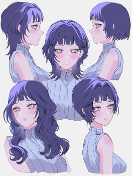 1girl absurdres alternate_hair_length alternate_hairstyle bare_shoulders blunt_bangs blush breasts closed_mouth cropped_torso grey_eyes grey_vest hair_intakes highres hyuuga_hinata large_breasts light_smile long_hair medium_hair multiple_views naruto_(series) naruto_shippuuden no_pupils parted_lips purple_hair short_hair solo vest wavy_hair zimo_on