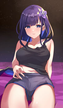 1girl \||/ absurdres alternate_costume arm_support bare_arms bare_shoulders black_panties black_tank_top blue_hair blunt_bangs blush breasts clothes_lift commentary_request flower genshin_impact hair_flower hair_ornament highres large_breasts leaning_forward long_hair looking_at_viewer multicolored_hair mxsoundtube navel panties panty_peek pout purple_eyes purple_flower purple_hair raiden_shogun shirt_lift short_shorts shorts sitting solo streaked_hair tank_top thighs underwear v-shaped_eyebrows