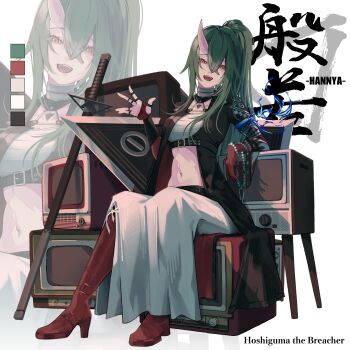 Rule 34 | 1girl, :d, absurdres, arknights, black jacket, boots, breasts, color guide, comiket 107, commentary request, green hair, hair between eyes, high heel boots, high heels, highres, horns, hoshiguma (arknights), hoshiguma the breacher (arknights), jacket, knee boots, kokawaaokawa, long hair, looking at viewer, medium breasts, navel, open mouth, orange eyes, ponytail, red boots, sarashi, single horn, sitting, skirt, smile, solo, television, very long hair, white background, white skirt