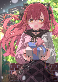 Rule 34 | 1girl, absurdres, animal ear hairband, animal ears, black collar, black nails, blush, box, bule blue 2, collar, commentary request, fake animal ears, fang, gift, gift box, hairband, highres, holding, holding gift, hood, hoodie, lens flare, long hair, looking at viewer, multicolored hair, multicolored hoodie, nekota tsuna, night, open mouth, orange eyes, orange hair, outdoors, pink hoodie, red hair, skin fang, skirt, snowing, solo, streaked hair, two-tone hair, virtual youtuber, vspo!, white hoodie
