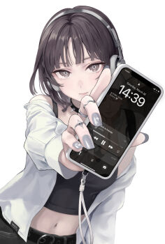 1girl absurdres belt belt_buckle black_belt black_collar blunt_bangs blush breasts brown_hair buckle cellphone collar commentary grey_pants headphones highres holding holding_phone jacket large_breasts medium_hair navel open_clothes open_jacket original pants phone simple_background smartphone smile solo spiked_collar spikes sugai_(4ugaii) symbol-only_commentary white_background white_jacket white_nails