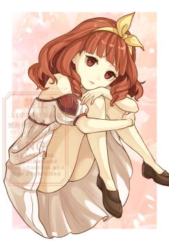 1girl aged_down ak_87_kt bare_legs bare_shoulders bow_hairband brown_shoes celica_(fire_emblem) closed_mouth dress fire_emblem fire_emblem_echoes:_shadows_of_valentia hairband highres hugging_own_legs knees_up long_hair looking_at_viewer nintendo red_eyes red_hair shoes solo white_dress