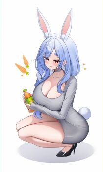 1girl absurdres animal_ear_fluff animal_ears blue_hair bottle braid braided_ponytail breasts choker cleavage commentary curvy demcheg dongtan_dress dress full_body grey_choker grey_dress hair_over_shoulder high_heels highres holding holding_bottle hololive large_breasts long_hair long_sleeves looking_at_viewer multicolored_hair pekomama pencil_dress rabbit-shaped_pupils rabbit_ears rabbit_girl rabbit_tail red_eyes short_eyebrows simple_background solo squatting streaked_hair symbol-only_commentary symbol-shaped_pupils tail thick_eyebrows thick_thighs thighs tight_clothes two-tone_hair virtual_youtuber white_background white_hair
