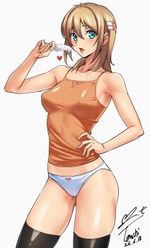 1girl absurdres aqua_eyes armpit_crease bare_arms black_thighhighs blonde_hair blush breasts camisole commentary_request food hair_between_eyes hand_on_own_hip highres holding holding_food holding_popsicle kamimura_chika looking_at_viewer medium_breasts melting_popsicle no_pants open_mouth orange_camisole panties perky_breasts popsicle revision signature simple_background sisters_~natsu_no_saigo_no_hi~ solo sweat thighhighs thighs two_side_up underwear white_background white_panties yoo_tenchi