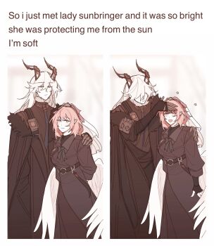 Rule 34 | 2girls, arms behind back, black coat, black horns, black wings, blurry, blurry background, closed eyes, closed mouth, coat, commentary, couple, english commentary, english text, falkenhayn mercenary leader (zenless zone zero), feathered wings, hair between eyes, hand on another's head, hand on another's shoulder, happy, headpiece, height difference, heterochromia, highres, horns, leaning forward, leaning to the side, light blush, long hair, long horns, long sleeves, looking at viewer, looking to the side, meme, multiple girls, open mouth, pink hair, riejiu, short hair, smile, squinting, standing, sunbringer (zenless zone zero), upper body, veil, white hair, wings, yuri, zenless zone zero