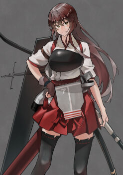 1girl absurdres akagi_(kancolle) akagi_kai_ni_(kancolle) apron bow_(weapon) brown_eyes brown_gloves brown_hair echo-kilo flight_deck gaiters gloves grey_background hair_between_eyes hakama hakama_short_skirt hakama_skirt highres holding holding_bow_(weapon) holding_weapon japanese_clothes kantai_collection long_hair looking_at_viewer muneate partially_fingerless_gloves partly_fingerless_gloves red_hakama rigging single_glove skirt solo standing tasuki thighhigh_gaiters thighhighs very_long_hair weapon yugake yumi_(bow)