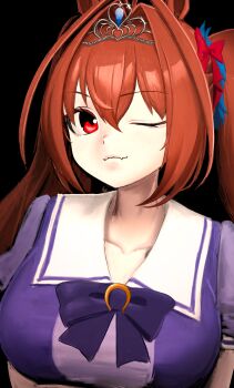 Rule 34 | 1girl, absurdres, animal ears, black background, bow, bowtie, breasts, brown hair, closed mouth, collarbone, daiwa scarlet (umamusume), fang, hair intakes, highres, horse ears, horse girl, isago ganma, large breasts, long hair, looking at viewer, one eye closed, open mouth, puffy short sleeves, puffy sleeves, purple bow, purple bowtie, purple shirt, red eyes, sailor collar, sailor shirt, school uniform, shirt, short sleeves, simple background, skin fang, solo, tiara, tracen school uniform, twintails, umamusume, upper body, very long hair, white sailor collar