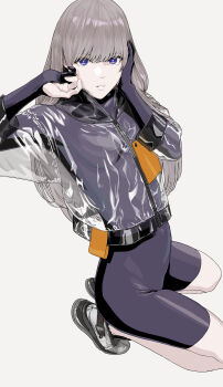 Rule 34 | 1girl, absurdres, black bodysuit, blue eyes, bodysuit, bodysuit under clothes, grey hair, grey shoes, hand on own head, highres, jacket, long hair, original, see-through clothes, see-through jacket, shoes, simple background, solo, squatting, tanaka hirotaka, white background